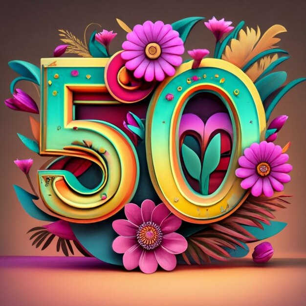 Photo big colorful number 50 with a flowery background