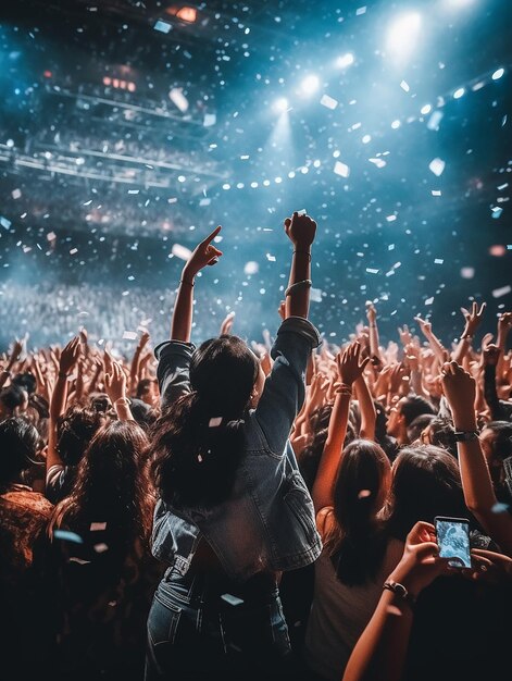 Big concert venue festival group of friends having fun midnight