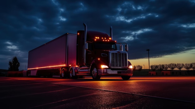 big container truck driving at night