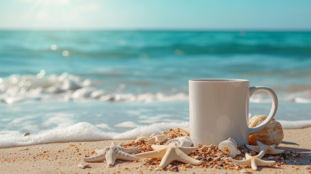 Photo a big copy space with a beautiful sea shore crafted on mug on sea shore
