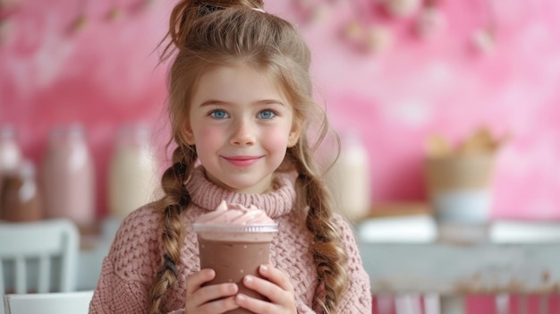 a big copy space with a cute little girl holding a chocolate shake glass sitting in