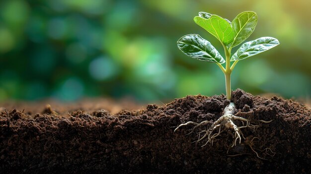 自然の中にぼやけた緑の背景を持つ根のビューの下で成長する若い植物を含む大きなコピー スペース 生成 AI