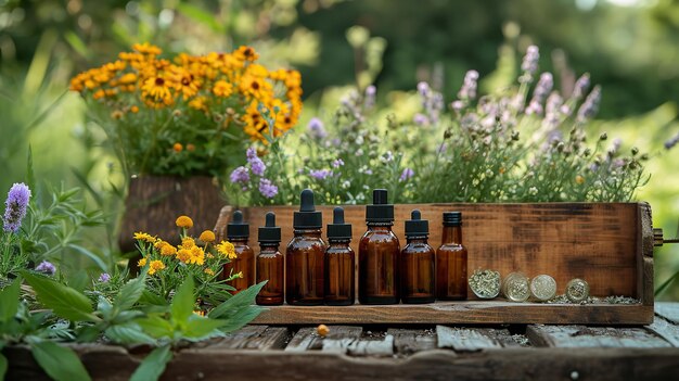 Photo a big copy space with herbal medicine glass bottles with herbal trees and flowers generative ai
