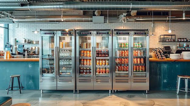 레스토랑에서 산업용 냉장고와 함께 큰 복사 공간 텍스트 또는 제품에 대한 큰 복사 공간