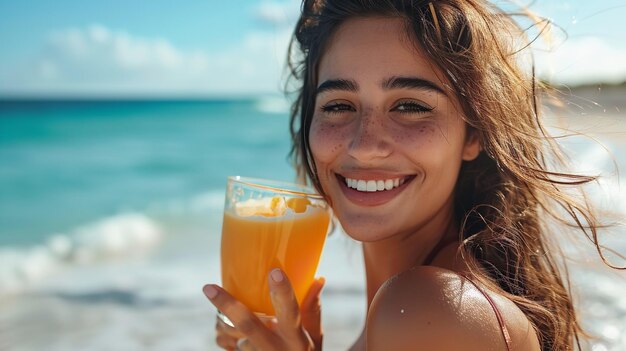 A big copy space with latin woman enjoying summer juice near sea shore generative ai