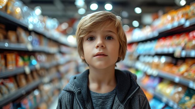 A big copy space with a little boy in super shop with a big copy space Generative AI