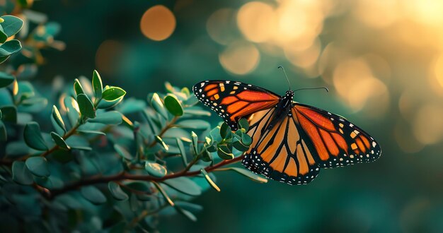 A big copy space with a monarch butterfly side view sitting on a young tree branch with copy space generative ai