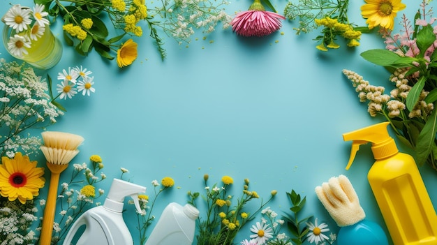 A big copy space with overhead shot of dusters scrubbers gloves flowers and detergents on a soft