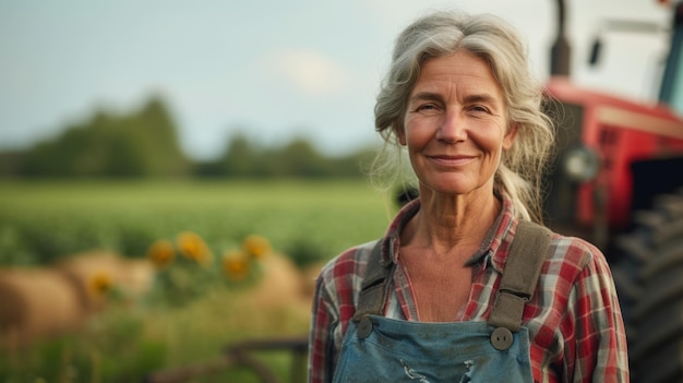 A big copy space with a smiling portrait of a middle aged female farmer standing with a tractor in