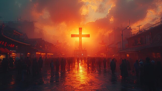 Big cross in the city with silhouettes of many people