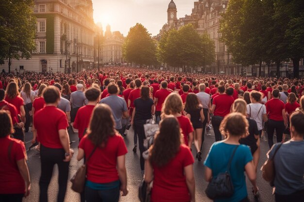 big crowd of activist wearing red pink t shirts march in peace for women rights sunset in the city