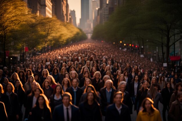 big crowd of people march at sunset hold candlelights for peacewomen rights sunset in the city