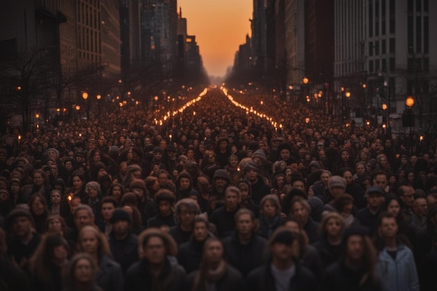 big crowd of people march at sunset hold candlelights for peacewomen rights sunset in the city