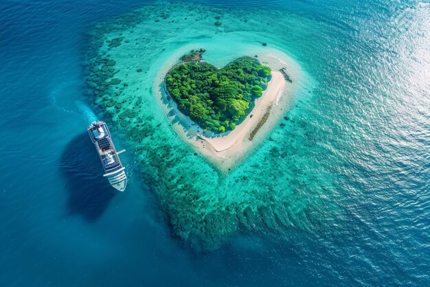 big cruise ship near the heart shaped island