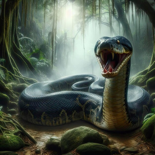 Big Dangerous Green Anaconda Python Snake Big open mouth teeth Venom Poison Ancient amazon african