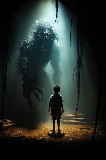 Big dark hairy monster with red eyes showing his long teeth Little boy stands looking at the scary creature Nightmare concept Generative AI