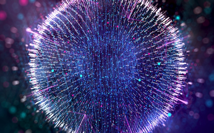 Foto big data abstracte achtergrond van visuele data infographics met neon stippen en lijnen