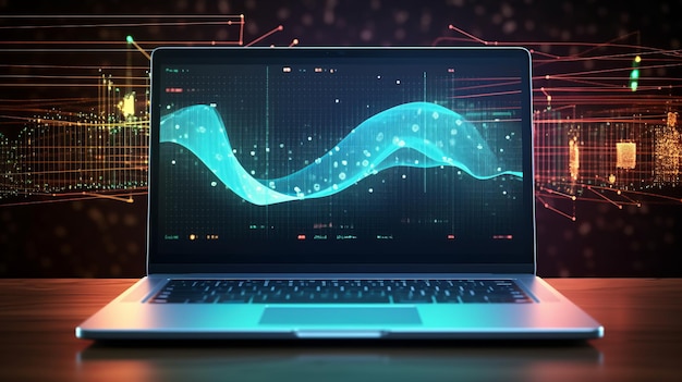 Big data-analyse hi-technologie op het scherm tegen over het verspreiden van de laptop