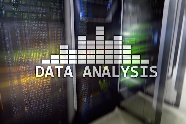 Foto testo di analisi dei big data sullo sfondo della sala server internet e concetto di tecnologia moderna