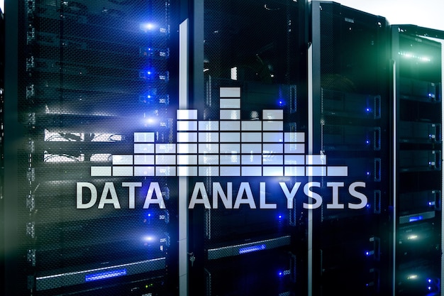 Foto testo di analisi dei big data sullo sfondo della sala server internet e concetto di tecnologia moderna