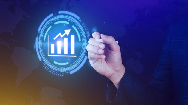 Big data analytics and business intelligence BI concept with chart and graph icons on digital screen interface and business people in the background