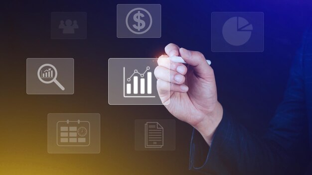 Big data analytics and business intelligence BI concept with chart and graph icons on digital screen interface and business people in the background