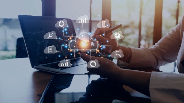 Big data analytics and business intelligence concept with chart\
and graph icons on a digital screen interface and a businessman in\
background