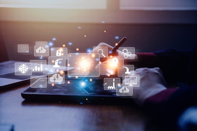 Big data analytics and business intelligence concept with chart and graph icons on a digital screen interface and a businessman in background