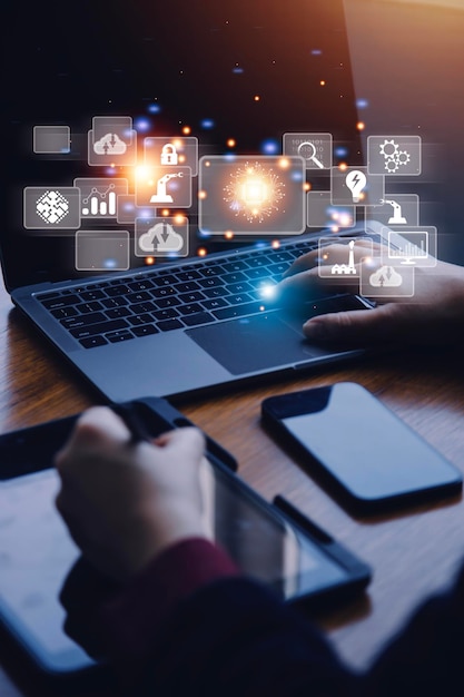 big data analytics and business intelligence concept with chart and graph icons on a digital screen interface and a businessman in background