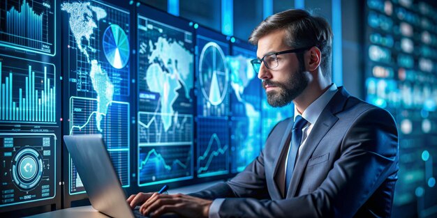 big data analytics with ai technology data analyst analyzing and visualizing complex information network with artificial intelligence machine learning algorithm for business analytics and finance