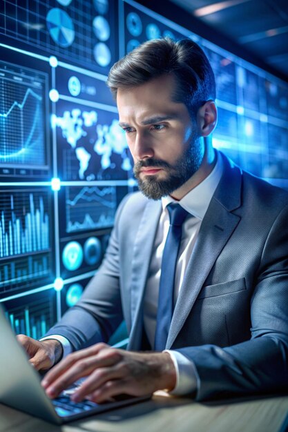 big data analytics with ai technology data analyst analyzing and visualizing complex information network with artificial intelligence machine learning algorithm for business analytics and finance
