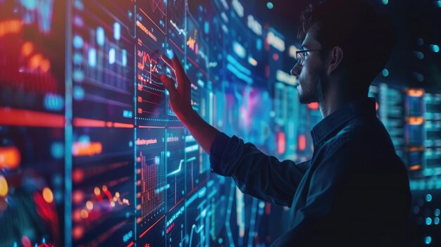 การวิเคราะห์ข้อมูลขนาดใหญ่ด้วยเทคโนโลยี AI นักวิเคราะห์ข้อมูลวิเคราะห์และแสดงภาพเครือข่ายข้อมูลที่ซับซ้อนด้วยปัญญาประดิษฐ์ อัลกอริทึมการเรียนรู้ของเครื่องสำหรับการวิเคราะห์ธุรกิจและการเงิน