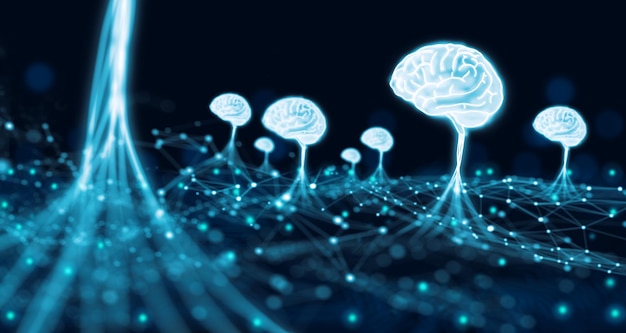 Ai Brain 네트워크 시스템을 사용하는 빅데이터 클라우드 컴퓨터. 슈퍼 컴퓨터, 신경망, 인공 지능 연구, 기계 학습 개념. 3D 렌더.
