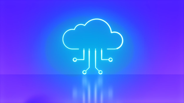 Foto icona cloud per big data al neon su sfondo blu sfumato concetto di tecnologia cloud infrastruttura digitale per l'archiviazione dei dati simbolo di hosting virtuale