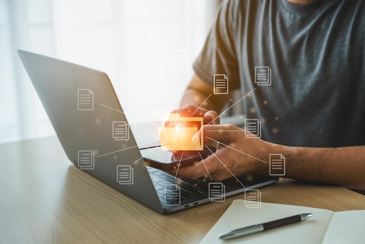 Photo big data clouds computing database document management system concept business man using mobile virtual icon folder and document icon software network searching files online document database