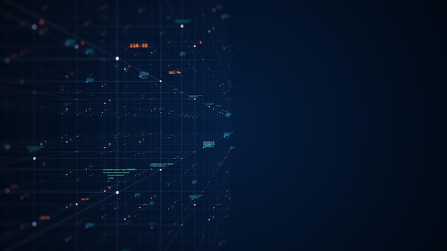 Foto grande concetto di dati. flusso di dati digitali. trasferimento di big data. trasferimento e archiviazione di set di dati. protezione del database e trasmissione sicura delle informazioni su reti blockchain. rendering 3d.