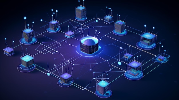 Big data A futuristic network diagram showing access points to server Infosystem