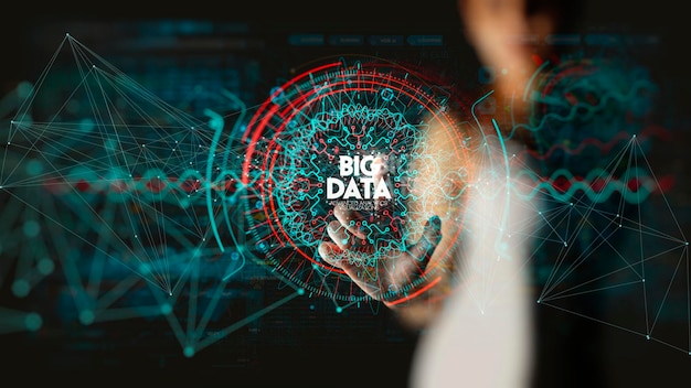 Foto big data in hud en icon ui met hand selecteren en indrukken van big data-symbool en moderne interface