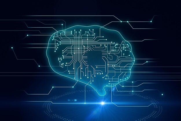 Big data processing en kunstmatige intelligentie concept met digitale gloeiende menselijke hersenen lay-out met microcircuit binnen op abstracte technologische achtergrond met blauwe gestippelde cirkel 3D-rendering