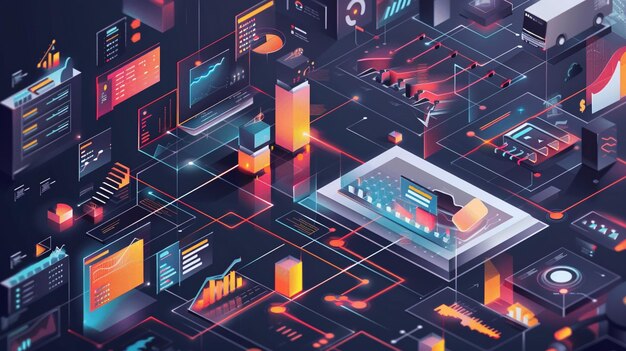 Инфографика обработки больших данных на экране компьютера с помощью различных технологий