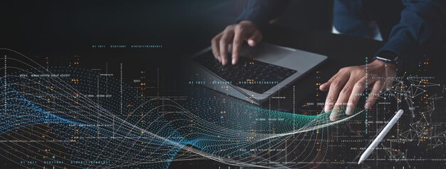 ビッグデータストレージ クラウドコンピューティング デジタル技術 コンピュータソフトウェア開発コンセプト コーディングプログラマー ビッグデータインターネットネットワークとスマートシティで作業するラップトップ