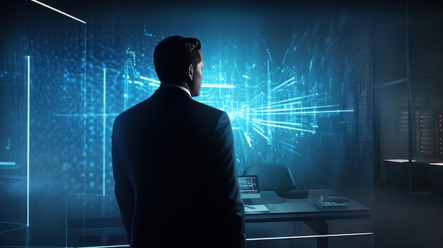 ビッグデータテクノロジーとデータサイエンス 青いスーツを着たコンピューターでデータを分析するビジネスマン Aiジェネレーティブ
