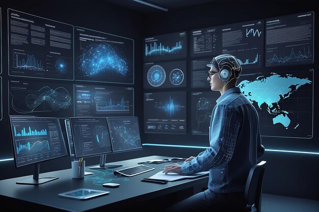 big data technology and data science data scientist querying analysing and visualizing complex set on virtual screen data flow concept neural network artificial intelligence ml analytics