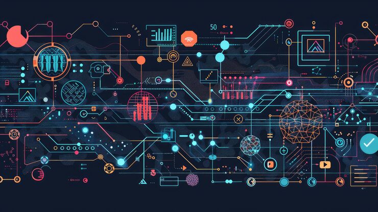 Photo big data technology and data science illustration data flow concept querying analysing visualizing complex information neural network for artificial intelligence data mining business analytics