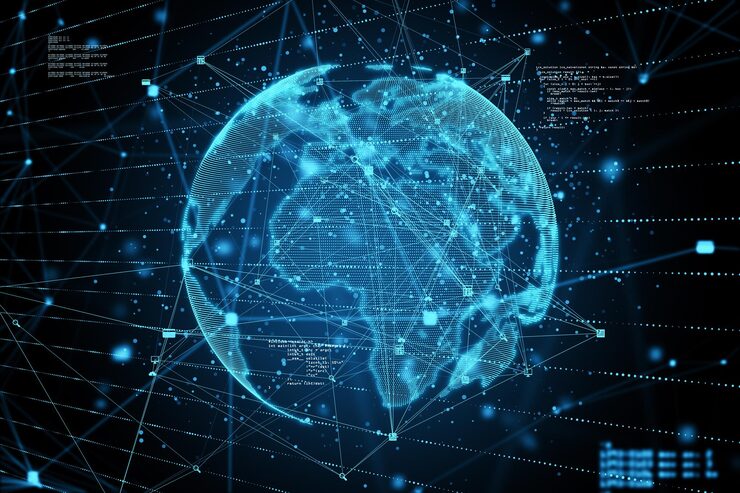 Photo big data telecommunication and technological background concept with digital world map layout with lots of intersecting lines and coding fragments 3d rendering