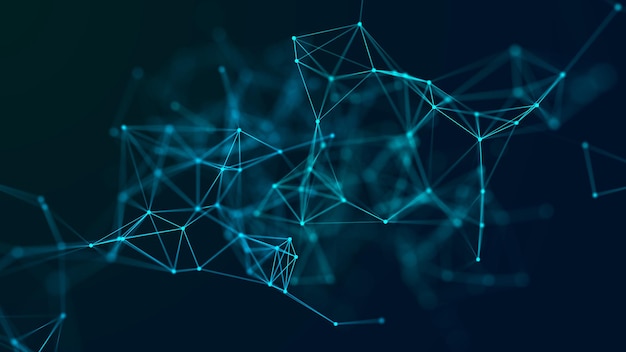 Big data visualisatie Netwerkverbindingsstructuur met chaotische verdeling van punten en lijnen in 3D ruimte