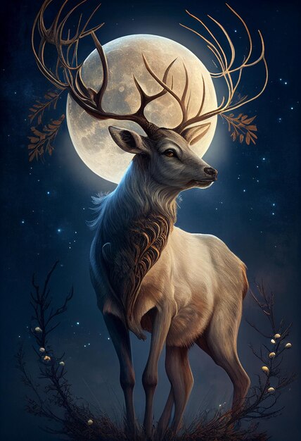 Big deer against the backdrop of a full bright moon AI Generated