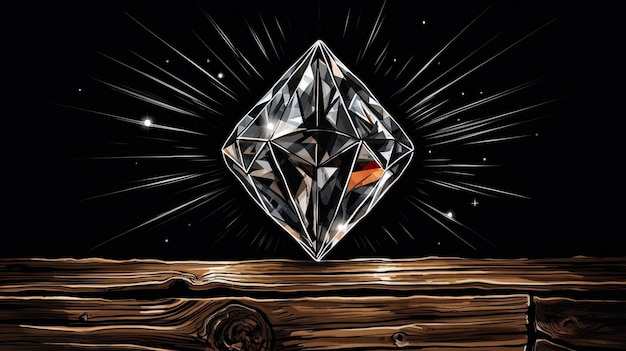 A big diamond on wooden table beside black background Generative AI