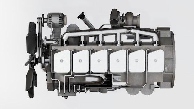 Photo a big diesel engine with the truck depicted. 3d rendering.