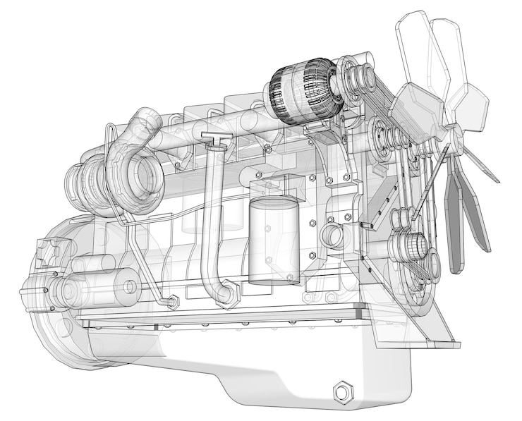 Photo a big diesel engine with the truck depicted in the contour lines on graph paper. the contours of the black line on the white background.